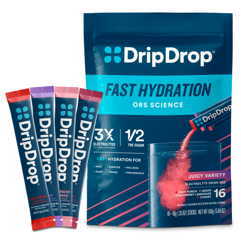 DripDrop Juicy Variety Pack Electrolyte Powder, 8 oz sticks, 16 count