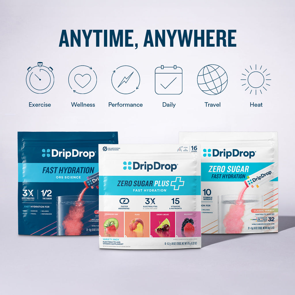 DripDrop Zero Sugar Plus, Strawberry Kiwi, Peach, Cherry Limeade, Wild Berry, 16 oz sticks, 16 count